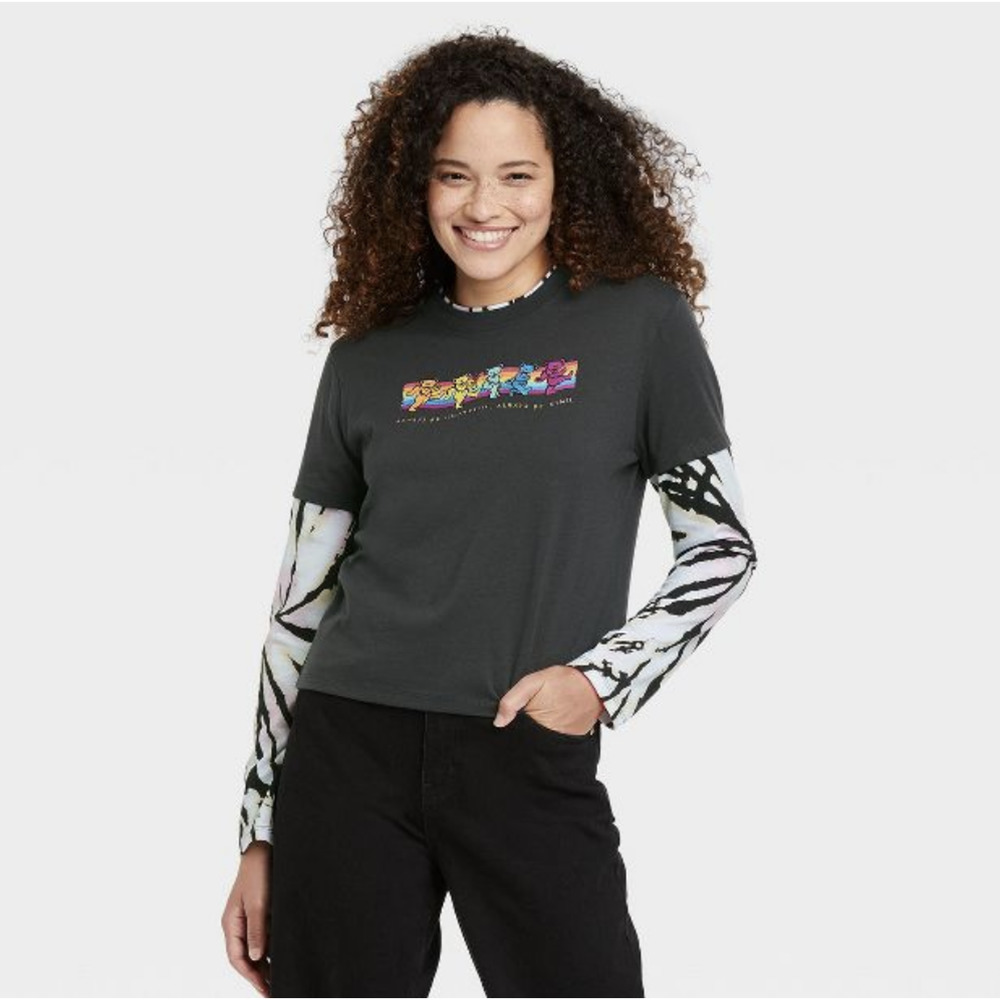 Grateful Dead Top Bears Skater Long Sleeve Layered T-Shirt Charcoal Gray Small